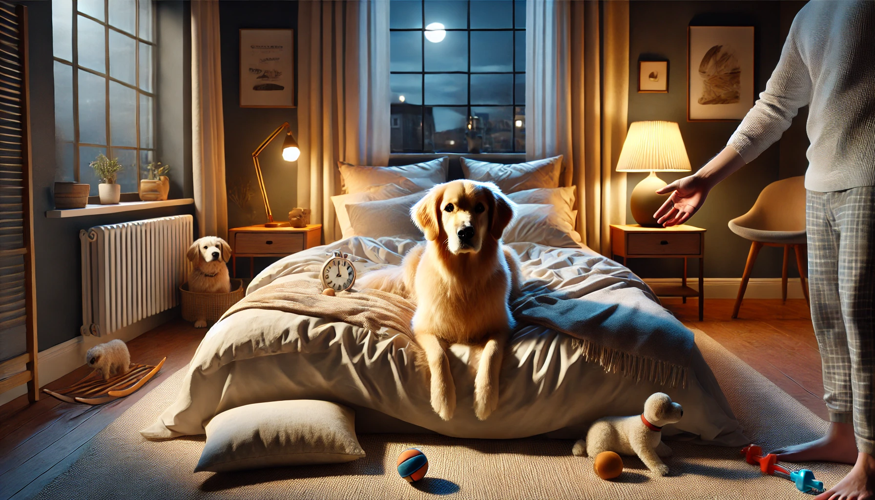 DALL·E 2025-01-24 01.30.56 - A realistic depiction of a dog during a bedtime routine, set in a cozy, softly lit bedroom. The scene includes a fluffy dog (golden retriever or simil