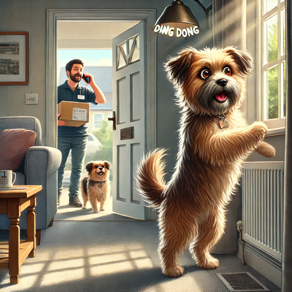 DALL·E 2025-02-05 02.01.25 - A more realistic and detailed illustration of a medium-sized dog reacting to a ringing doorbell in a cozy living room. The dog has fluffy fur, with ex