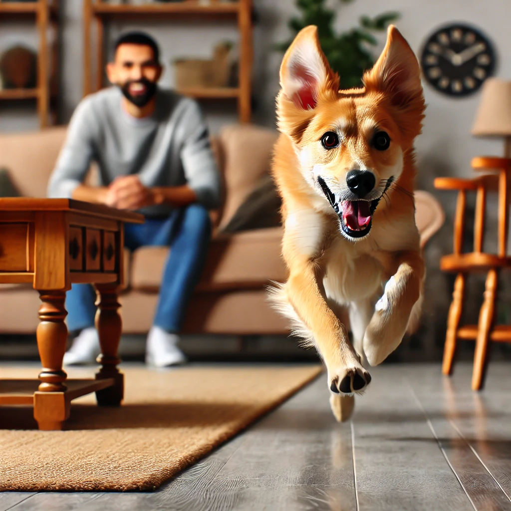 DALL·E 2025-02-11 22.35.25 - A joyful, energetic dog sprinting at full speed indoors, weaving through furniture with ears flapping and tongue hanging out. The background shows a c