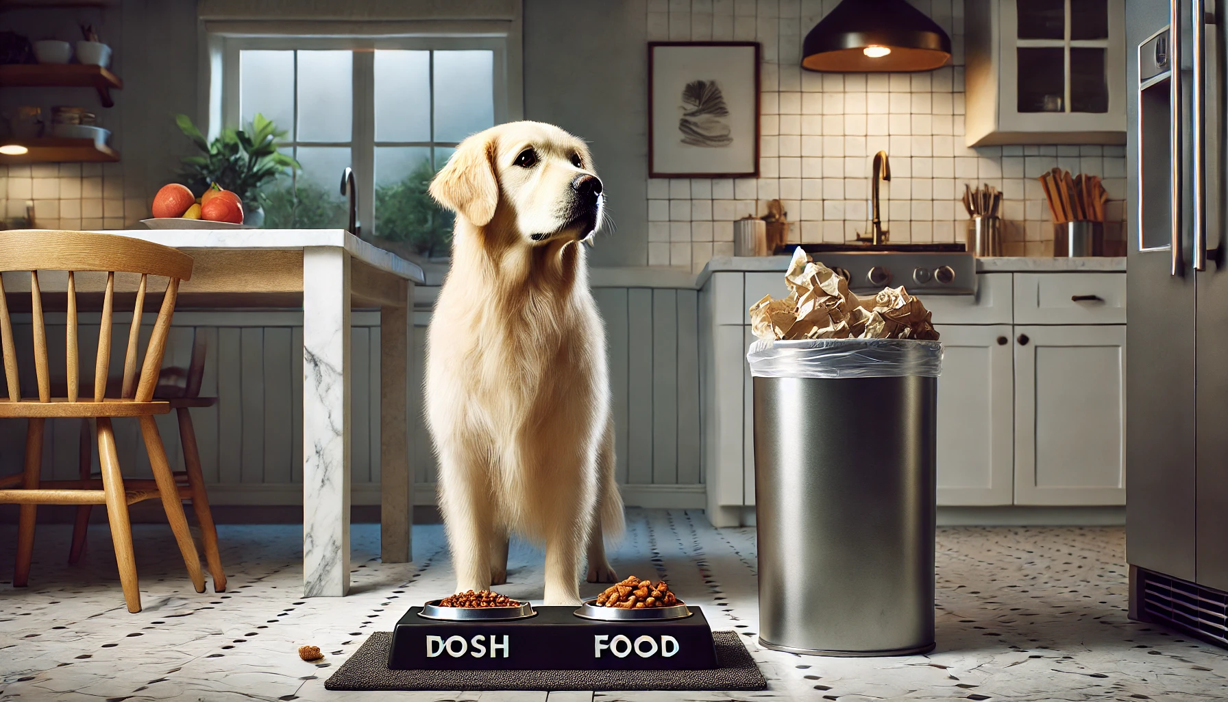 DALL·E 2025-02-17 23.11.06 - A realistic image of a golden retriever standing between a trash can and a food bowl, appearing unsure of which to choose. The setting is a modern hou