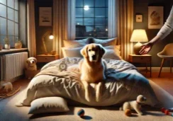 DALL·E 2025-01-24 01.30.56 - A realistic depiction of a dog during a bedtime routine, set in a cozy, softly lit bedroom. The scene includes a fluffy dog (golden retriever or simil