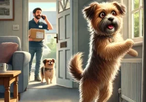 DALL·E 2025-02-05 02.01.25 - A more realistic and detailed illustration of a medium-sized dog reacting to a ringing doorbell in a cozy living room. The dog has fluffy fur, with ex