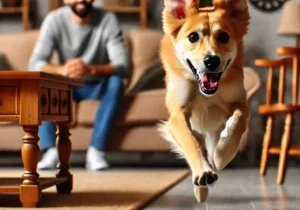 DALL·E 2025-02-11 22.35.25 - A joyful, energetic dog sprinting at full speed indoors, weaving through furniture with ears flapping and tongue hanging out. The background shows a c