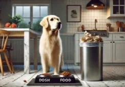 DALL·E 2025-02-17 23.11.06 - A realistic image of a golden retriever standing between a trash can and a food bowl, appearing unsure of which to choose. The setting is a modern hou